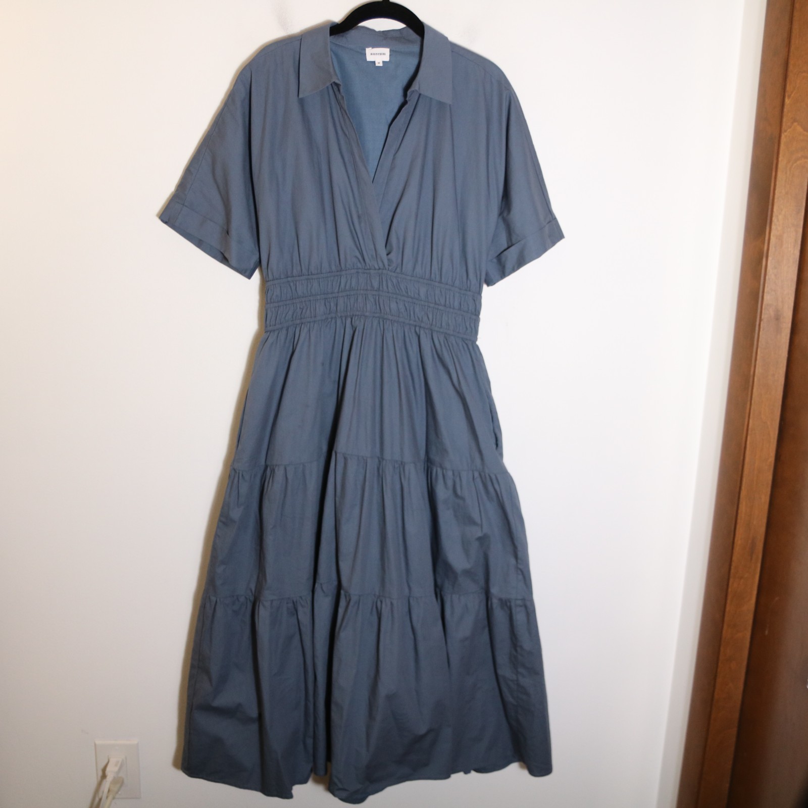 Aureum Maxi A Line Dress Womens Medium Tiered Shirt Dress Blue Cotton Preppy