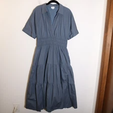 Aureum Maxi A Line Dress Womens Medium Tiered Shirt Dress Blue Cotton Preppy