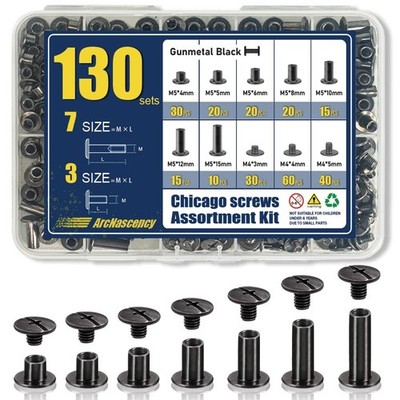 130 Sets Gunmetal Black Chicago Screws Leather Rivets Kit, 7 Sizes (M5*4,5,6,8,1