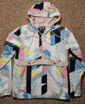 Black Jack 1999 USA Jacket Men Sz Small Windbreaker Geometric Retro Y2K White