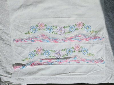 VTG UNCUT TUBING COTTON Pillow Case HAND EMBROIDERED CROCHETED EDGING QUEEN