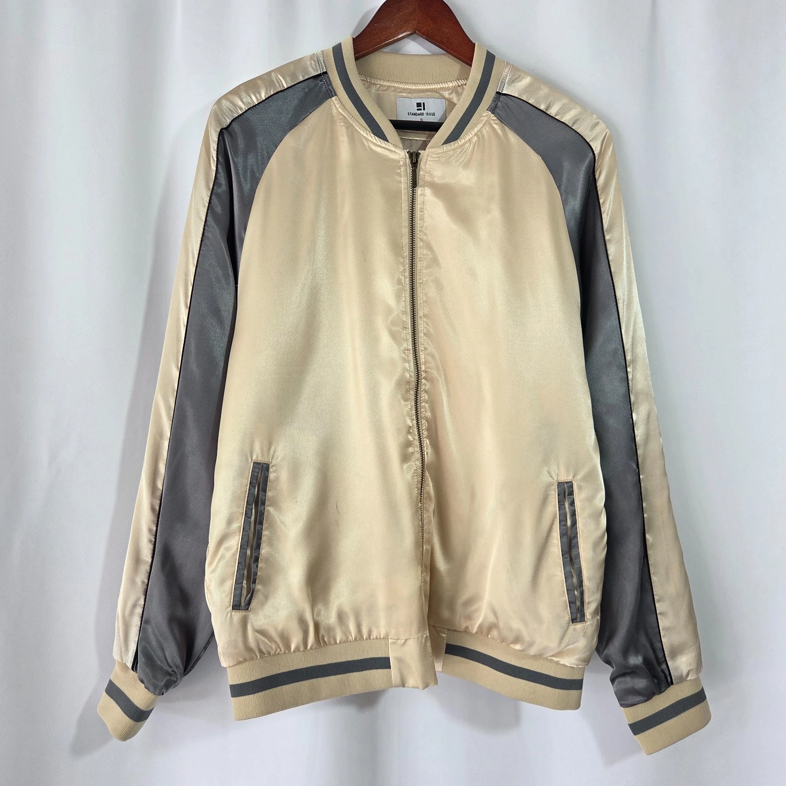 Men's SIZE Small S Standard Issue Satin Bomber Jacket Beige and Gray Color SOFT!
