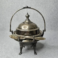 Vtg Middletown Plate Co Triple Plate Butter Dish Ornate Dome Lid Knife Model 167