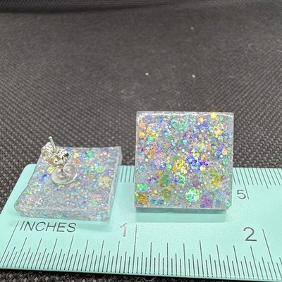 Square Glitter Resin Stud Earrings Multicolor Butterfly Back for Lobe