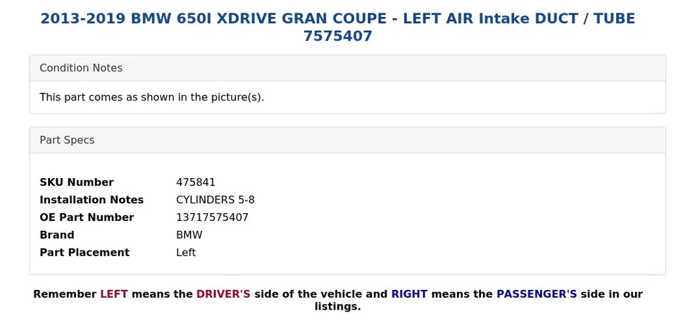 BMW 650I XDRIVE 2013-2019 gran cupé - admisión de aire izquierda conducto/tubo 7575407 Foto 4 de 4