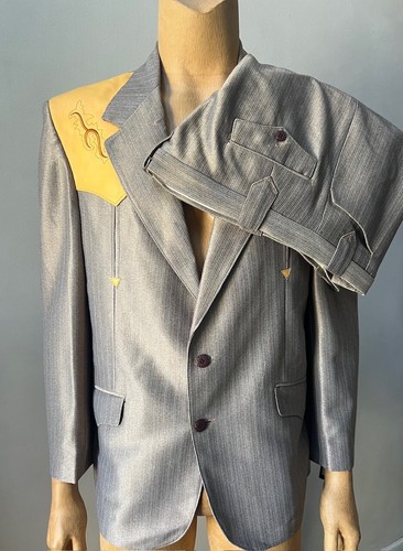 Tuta uomo western pelle di squalo rockabilly pelle 2 pezzi marrone giacca pantaloni 46R - Foto 2 di 7