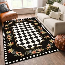 Embrodiered Pattern Area Rug,DinningRoom Decor Flowers Rug,Black Diamond Runner,