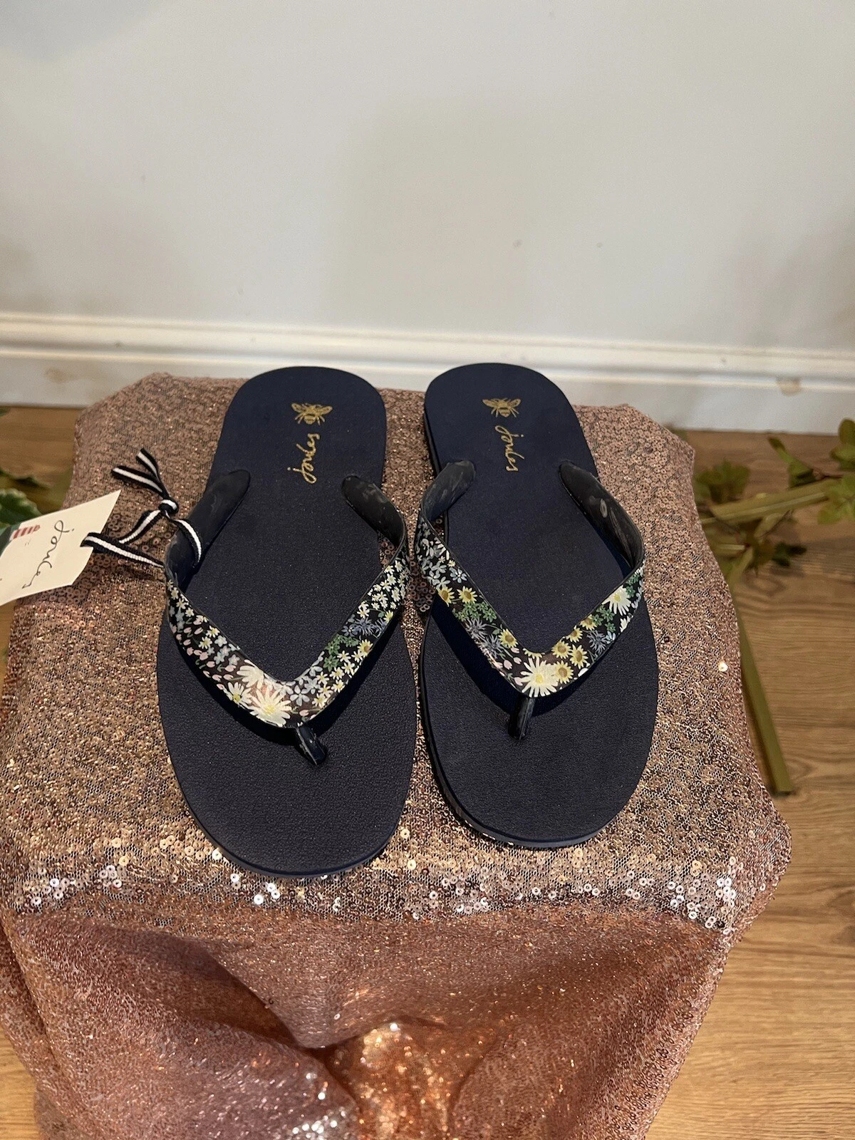 JOULES Womens Flip Flops UK 5 EU38 Navy Blue Floral Sandals NEW FREEPOST OX101