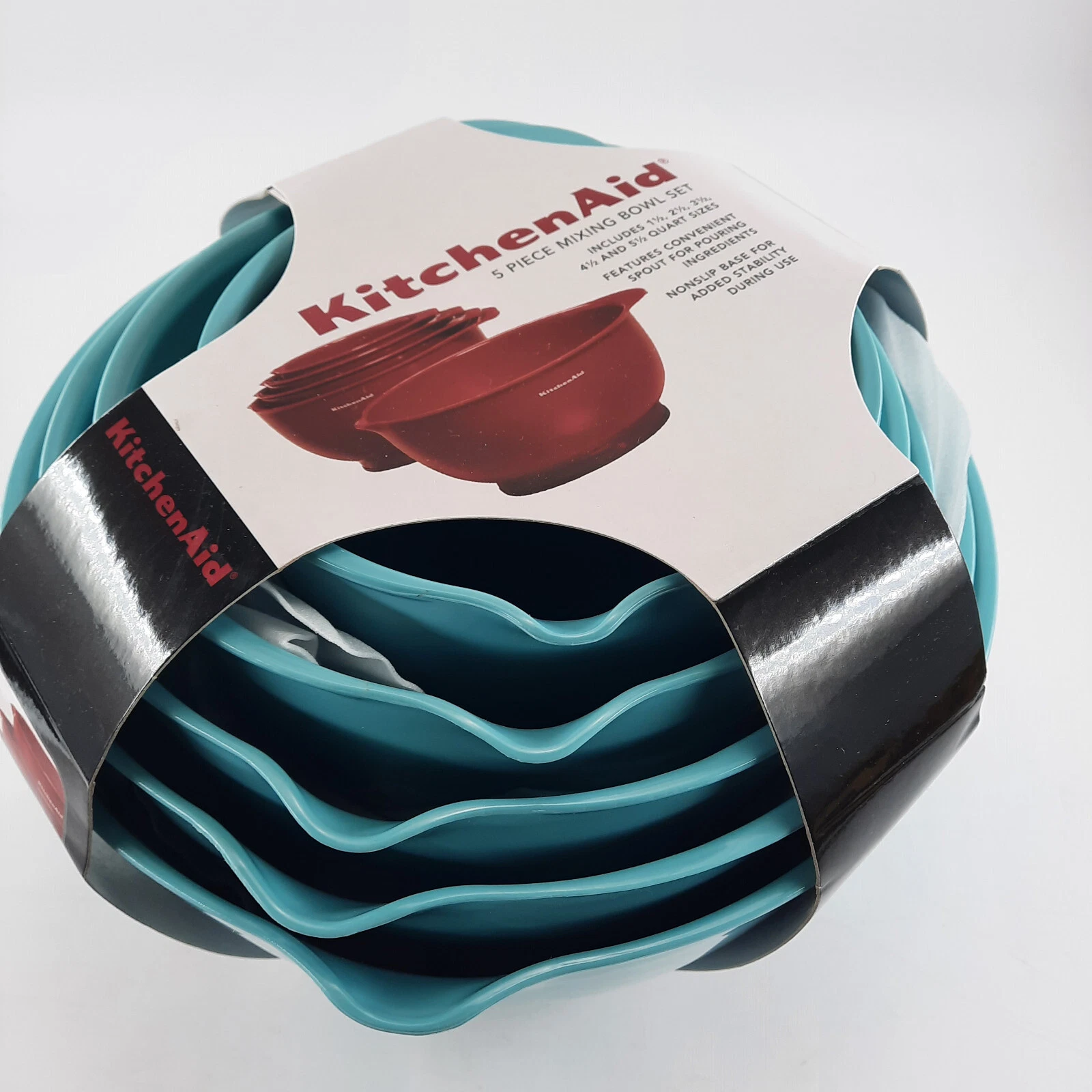 KitchenAid Nesting Mixing Bowls Set 5 Piece Aqua Sky Pour Spouts NonSlipPlastic