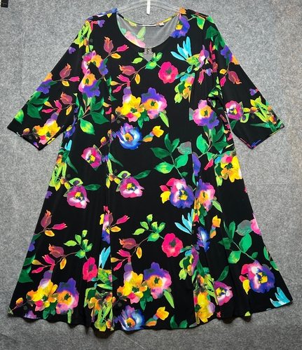 Susan Graver Dress Womens 3X Black Colorful Flower A Line Stretchy Liquid Knit