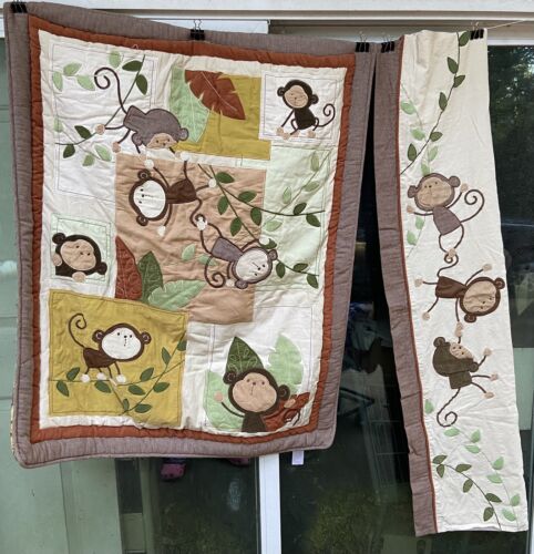 2 PCs. Carters Monkey Baby Crib Set-Comforter Quilt-Valance-Earth Tones - Picture 1 of 5