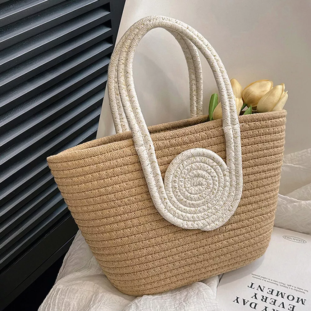 Summer Women Bucket Bag Casual Woven Beach Handbag for Vacation White Khaki
