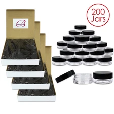 Beauticom® (200 PCS) 3G/3ML Clear Plastic Refillable Jars w/Black Flat Lids 