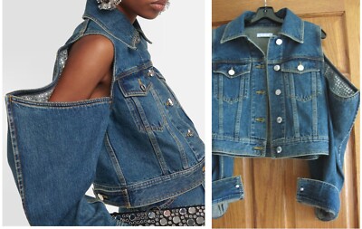 $995 Area NYC Crystal Embellished Slit Cutout Sleeve Jacket S Cotton Denim Crop