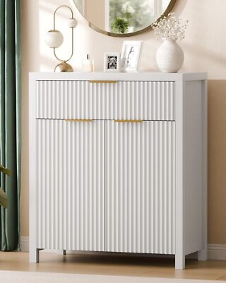 Lulive White Fluted Storage Cabinet with Drawers Buffet Sideboard Cabinet