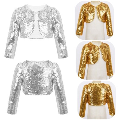 Kids Girls Long Sleeve Sparking Sequin Shrug Wedding Pageant