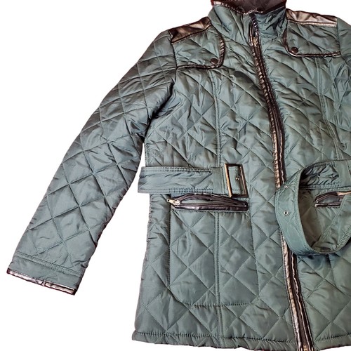 KC Collections Quilted Puffer Jacket Emrald Green Womens XL Belted Pleather Trim - Picture 10 of 20