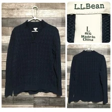 LL Bean Cable Knit Sweater Women’s L Navy Blue Heavyweight Cotton Casual L3