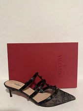NIB Valentino Garavani Rockstud Lace Pointy Mules Slides Heel Shoe 39 EU 9 US