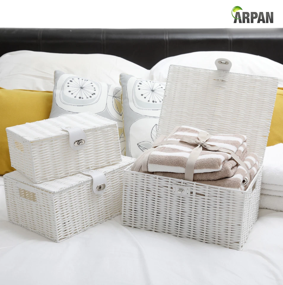 Storage hamper Basket Box Set of 3 White Resin Woven - Image 4 of 4
