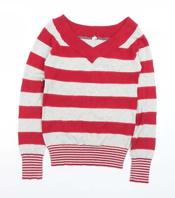 BSK Damen Pullover rot V-Ausschnitt gestreift Acrylmischung Größe M