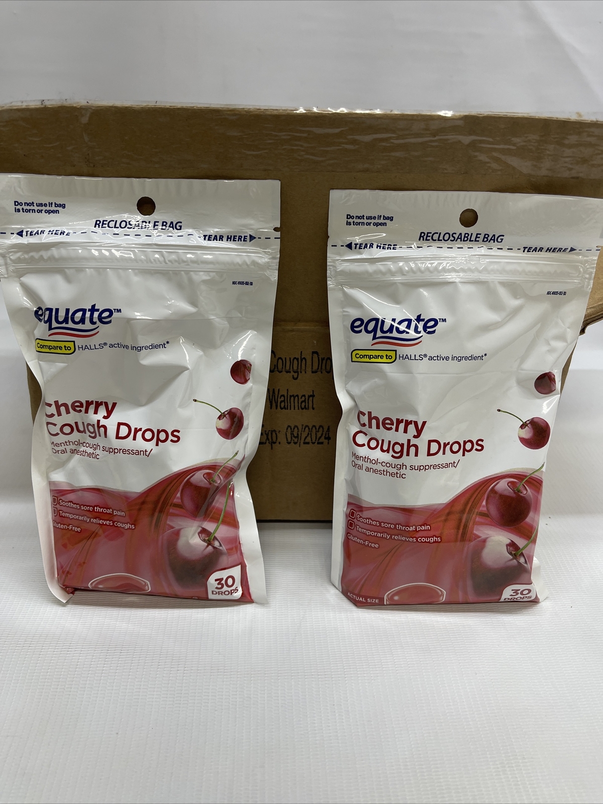 Equate CHERRY Cough Drops w/ Menthol; GLUTEN FREE 30ct Each Exp 09/2024