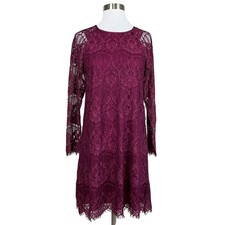 Adrianna Papell Women's Cocktail Dress Size 6 Red Scallop Lace Long Sleeve Shift