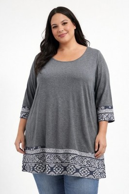#1101 Gray Tunic Top Boho Border Print Hem and  Sleeve 3XL