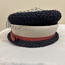 Jean Sutton Vintage Women s Hat Woven Ribbon Bow Brim Navy Blue Union Made USA