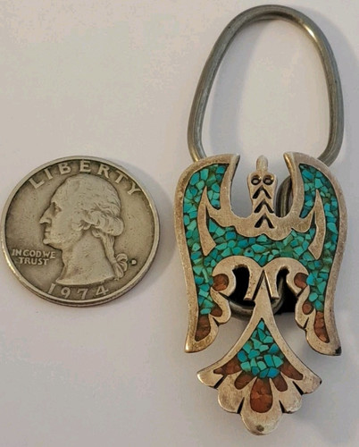 Native American Sterling Silver Turquoise Coral Peyote Thunderbird Keychain NICE - Picture 1 of 9