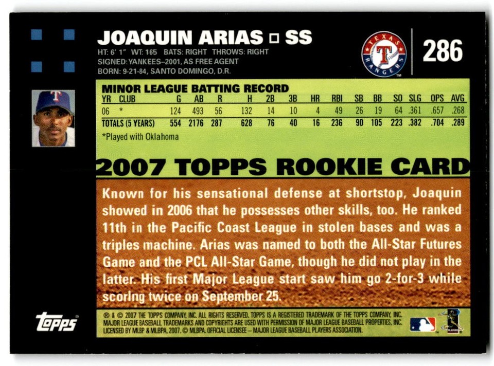 2007 Topps #286 Joaquin Arias Texas Rangers Rookie | eBay