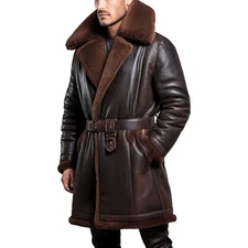 Men’s Dark Brown Genuine Faux Fur Lined Mid Length Warm Aviator Style COAT
