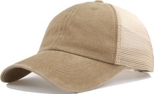 Vintage Washed Unstructured Snapback Baseball Hat One Size Mesh Back Khaki