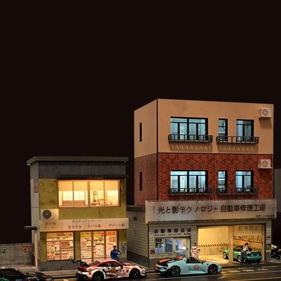 1:64 Diorama Auto-Garagenmodell LED Stadt Laden Parkplatz Szene Display Modell