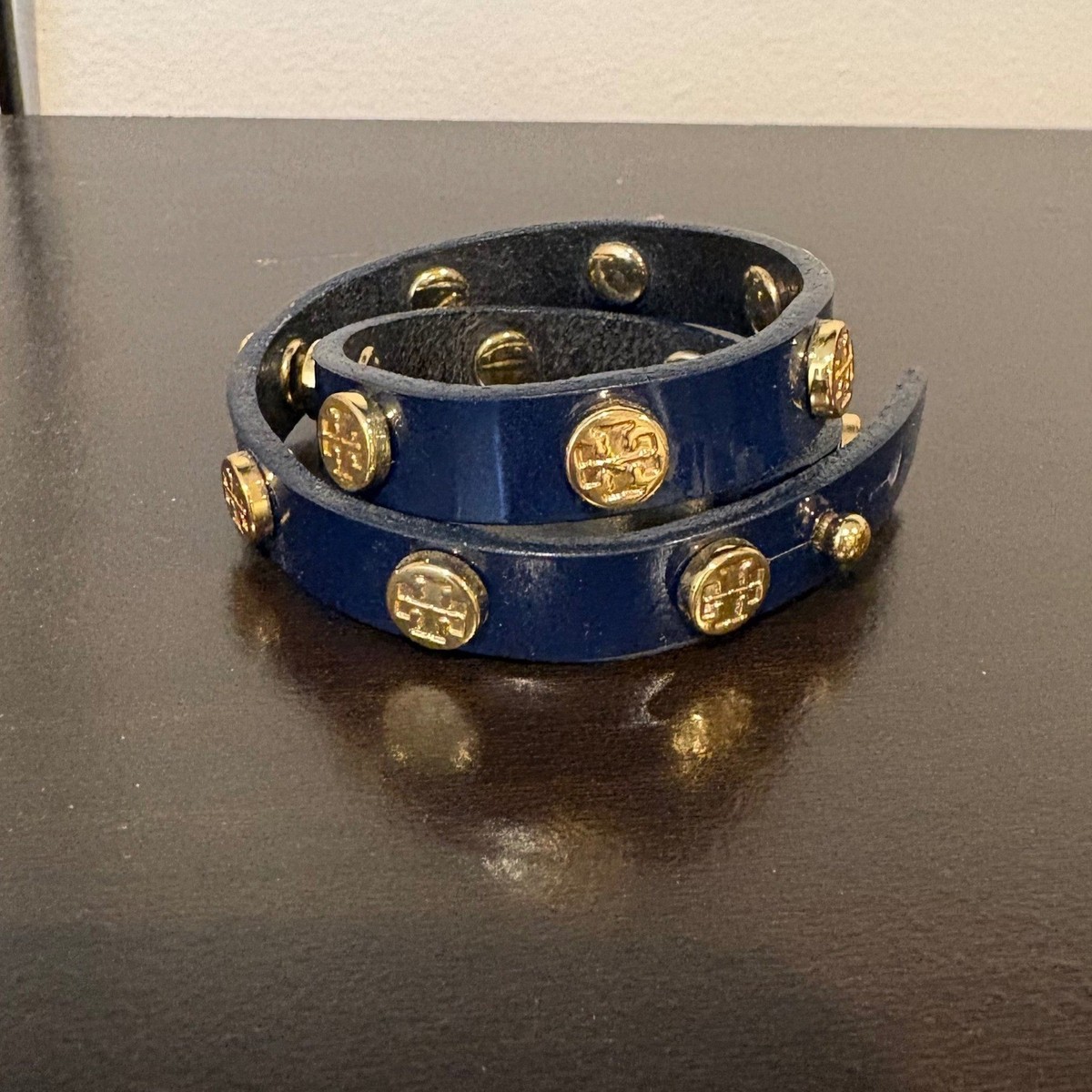 Tory Burch Navy Blue Patent Leather Double Wrap Bracelet Gold Logo 