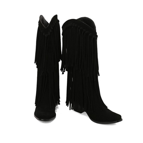 Womens Knee High Boots Mid Chunky Block Heels Tassels Western Riding Boot Autumn - Imagen 15 de 29