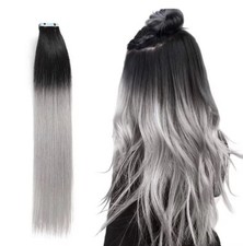 Invisible Tape in 100 Remy Human Hair Extensions Fusion Hair SLIVER Grey 50g