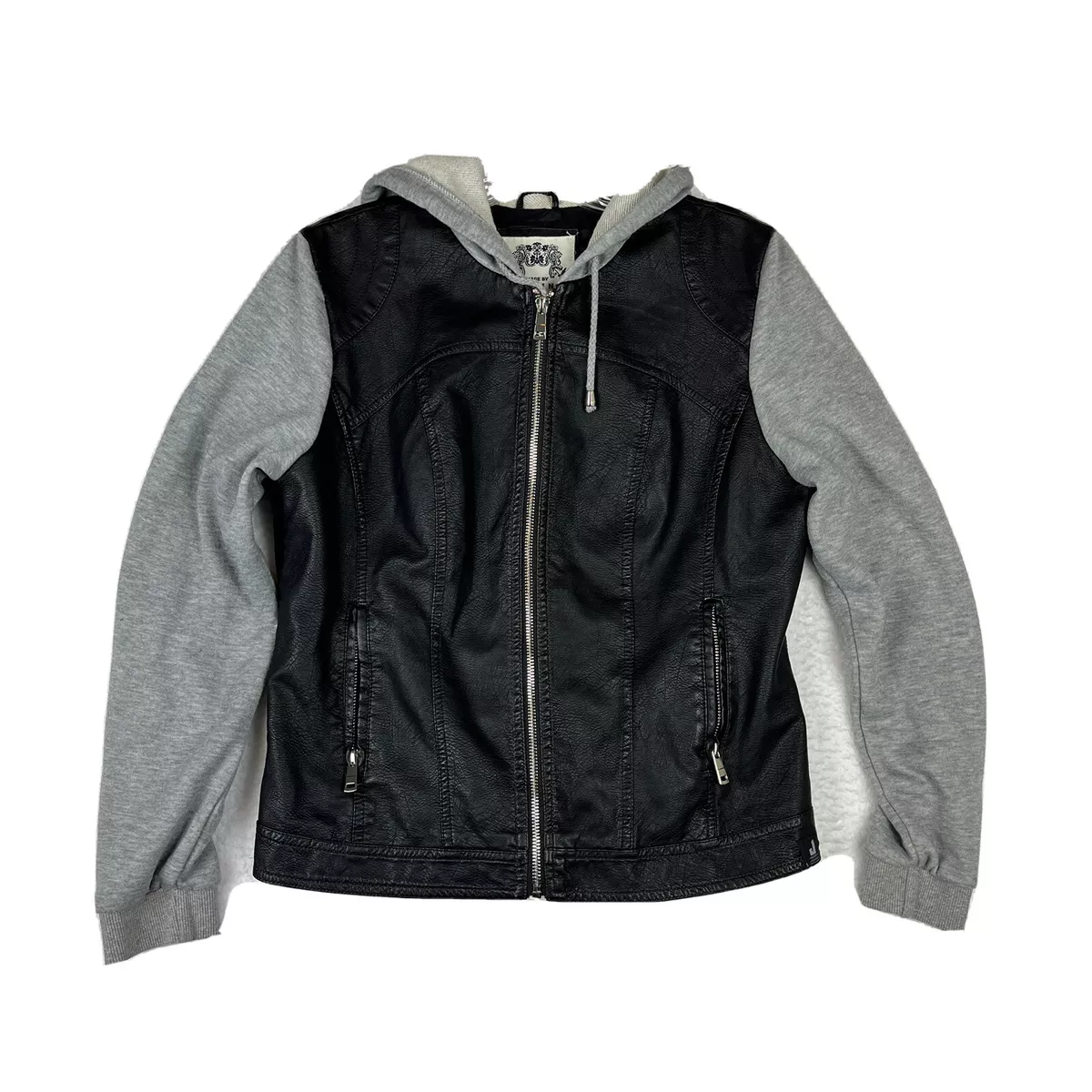 Made By Johnny Faux Leather Jacket Hoodie Fleece Sleeves Size M Black Gray  | eBay
