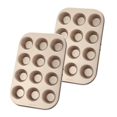 12-Cup Mini Muffin Pan, 2 Pack Set, Gold Nonstick Baking Tray for Cupcakes, M...