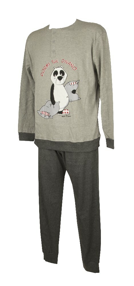 CRAZY FARM Herren Schlafanzug Winter Baumwolle Interlock Langarm Henley Neck Art