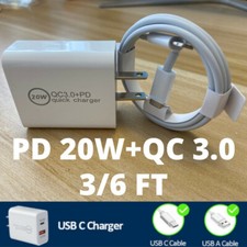2 Port Fast Wall Charger QC3.0 Type C PD 20W Power Adapter Cable For iPhone iPad