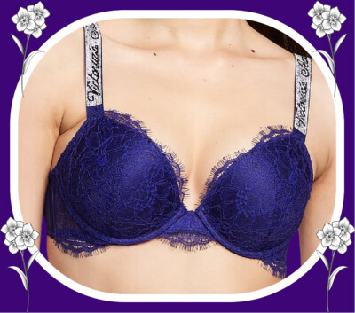 $75 38DD Purple BLING LOGO Extreme Lift Victorias Secret VERY SEXY PU UW Bra