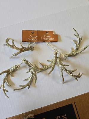 Pair 2 Gold Glitter Deer Antlers Christmas Ornaments Crafts Decor String of 3 ea