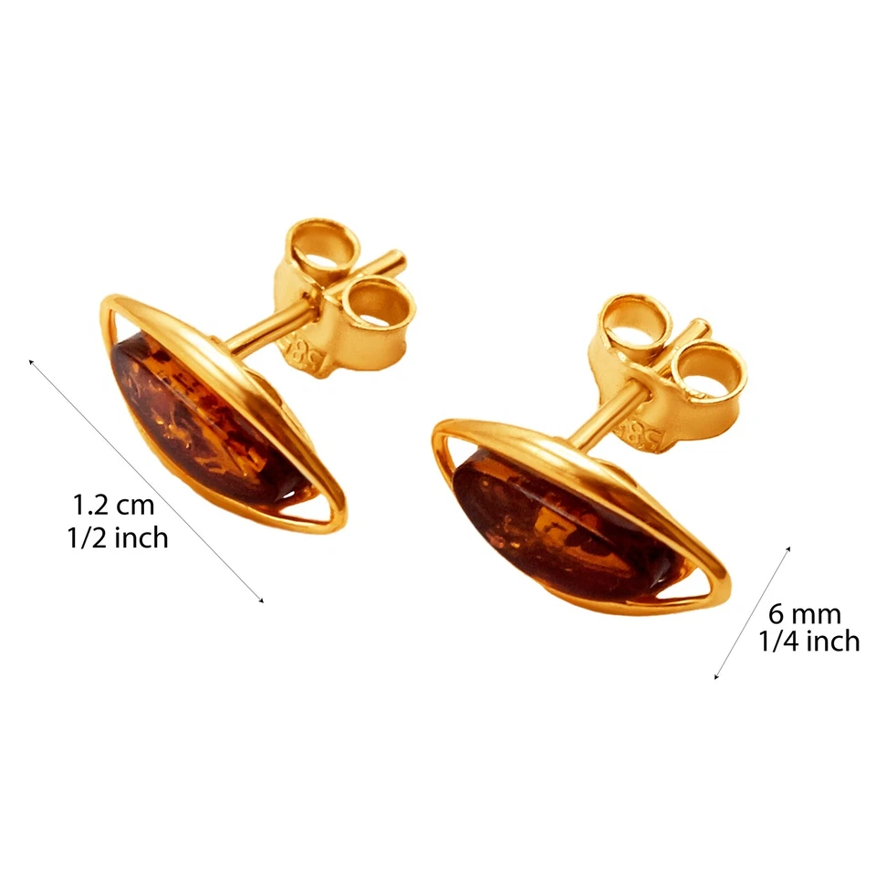 Bonitos aretes pequeños marquesa ámbar báltico miel oro amarillo macizo puro de 14 k Foto 4 de 4