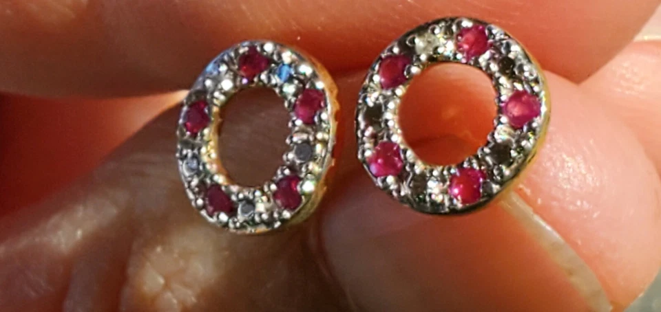 Ruby Round Cut & Diam Circle Earrings 10KT Solid White and Yellow Gold - Image 4 of 4