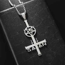 Collana Pentagramma Croce di Pietro Satana 666 Catena in Acciaio Inox Bigiott...