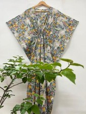 Indian Floral Block Print Cotton Maxi Beach Cover up Women Beige Caftan Dress