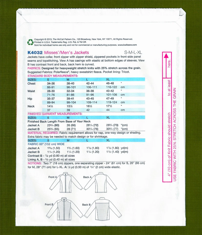 Misses & Men's Polar Fleece Jacket Sewing Pattern (Sizes S-XL) Kwik Sew 4032 - Image 3 of 4