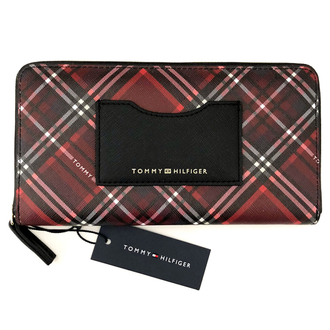 TOMMY HILFIGER Purse | Womens Wallet | Red Tartan Zip-Around Card Case Coin Gift