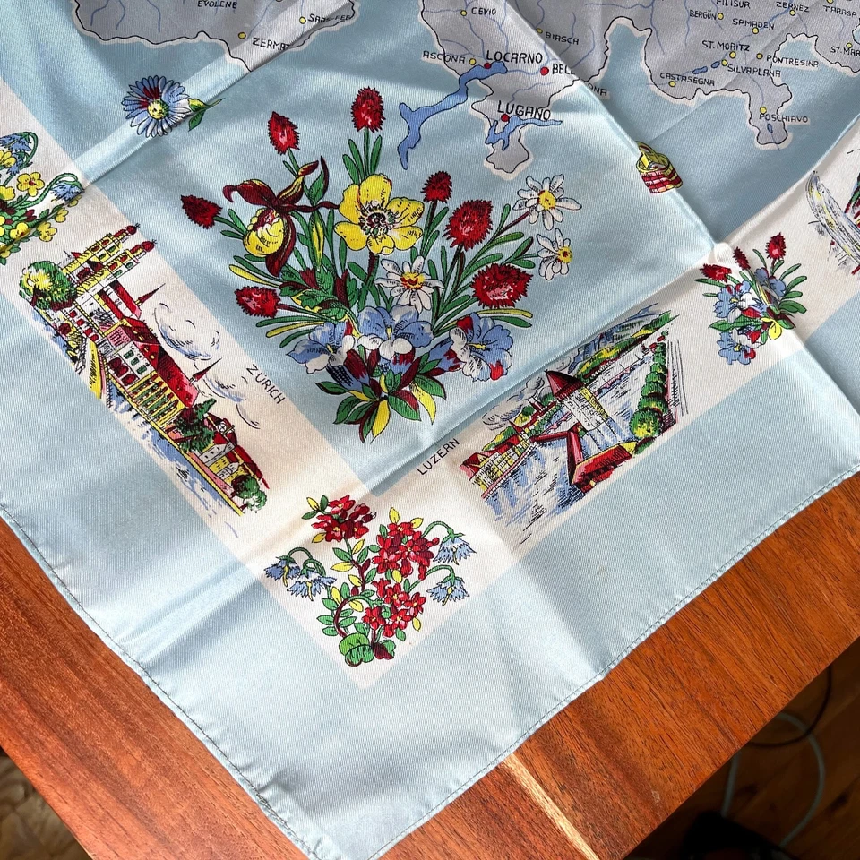 Pañuelo de recuerdo de seda mapa de Suiza vintage diseño de ciudades suizas 19 pulgadas Foto 2 de 4
